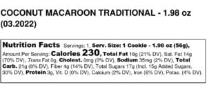 COCONUT MACAROON TRADITIONAL 1.98 oz 03.2022 Nutrition Label | Tuscany Cookies Store | The Best Gourmet Cookies Online |
